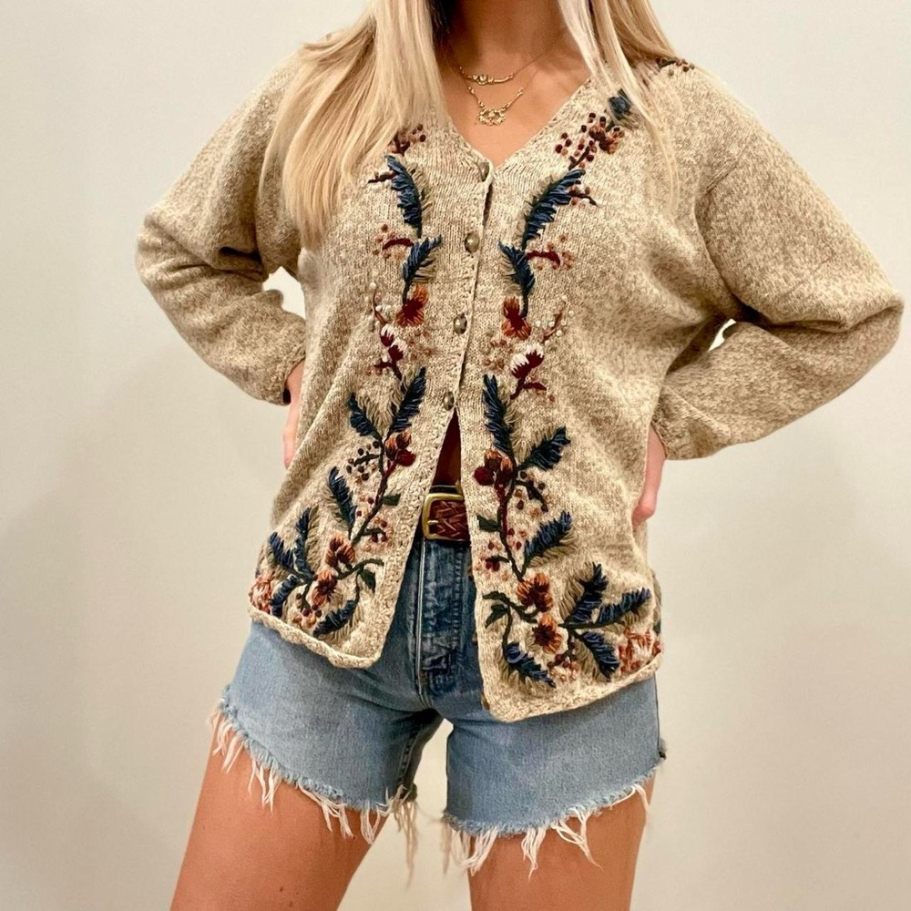 Vintage Floral Leaves Embroidered Button Front Cardigan Sweater in Beige Tan